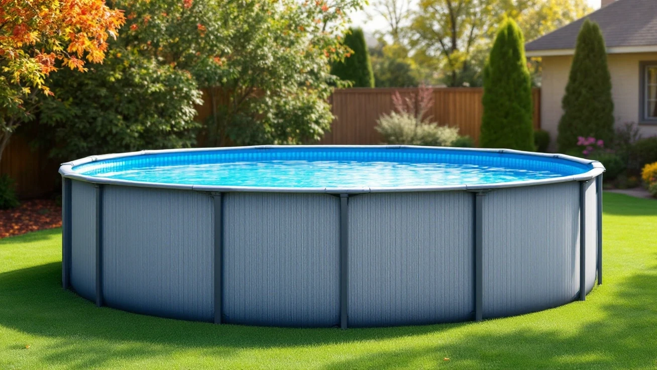An above-ground swimming pool in a quiet backyard