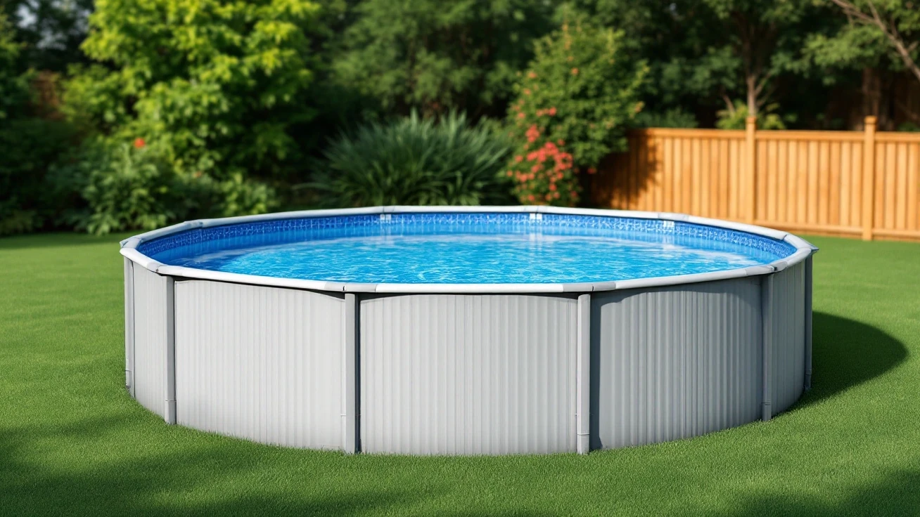 An above-ground swimming pool in a quiet backyard