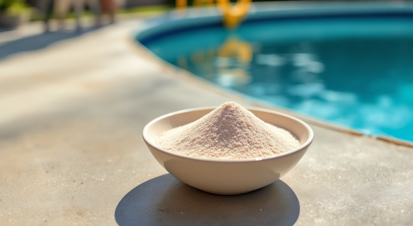 Pale filter sand in a plain container beside a pool