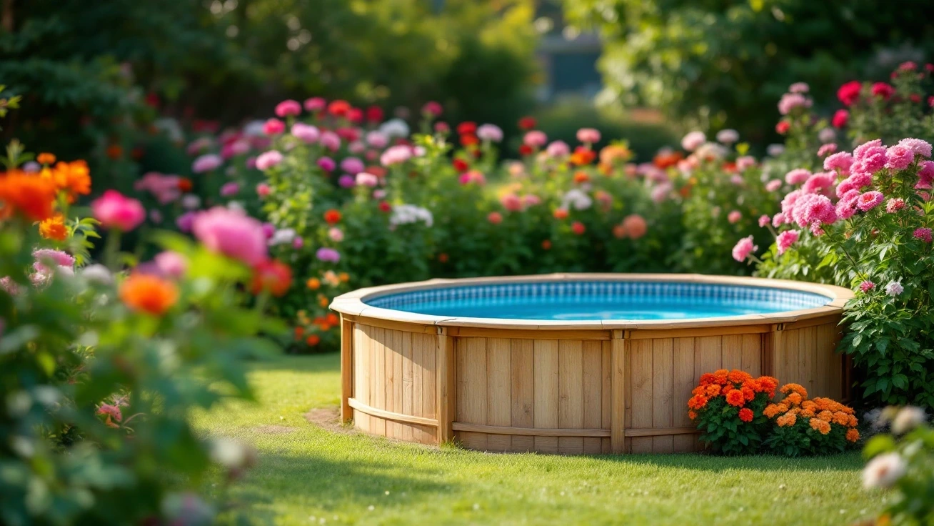 Round above-ground pool beside a flower garden in morning light