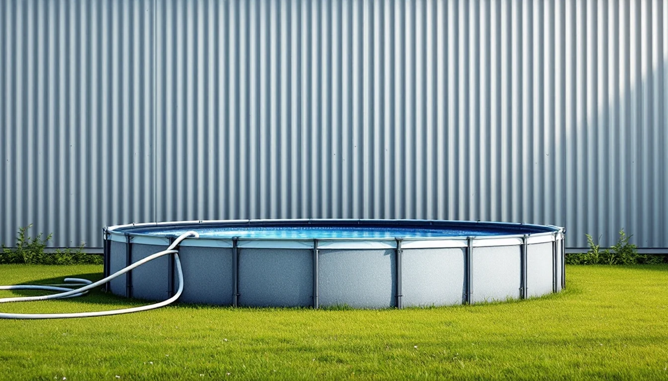 Freestanding above-ground pool with a plain hose on the lawn