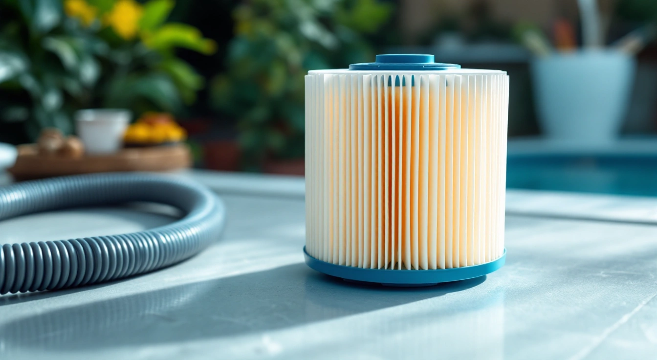 Pleated filter cartridge and garden hose on a work surface