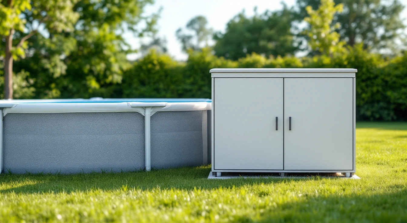 Equipment storage area beside an above-ground pool