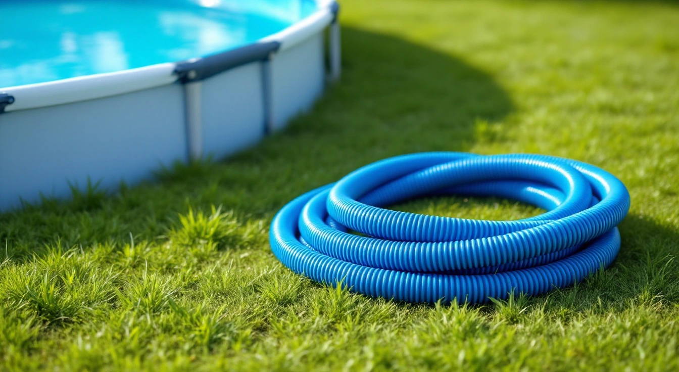 Coiled vacuum hose on grass beside an above-ground pool