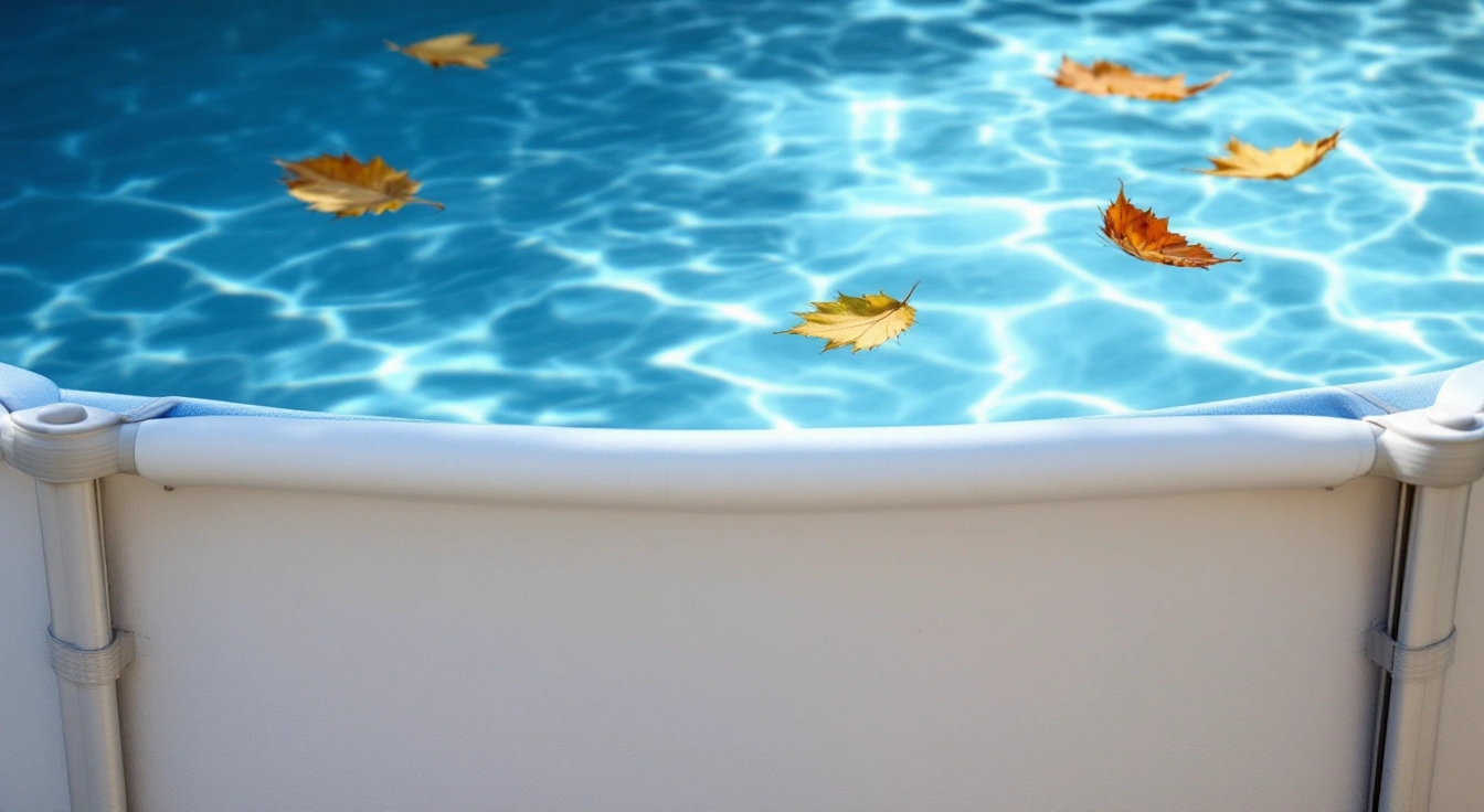 Above-ground pool with leaves on the water