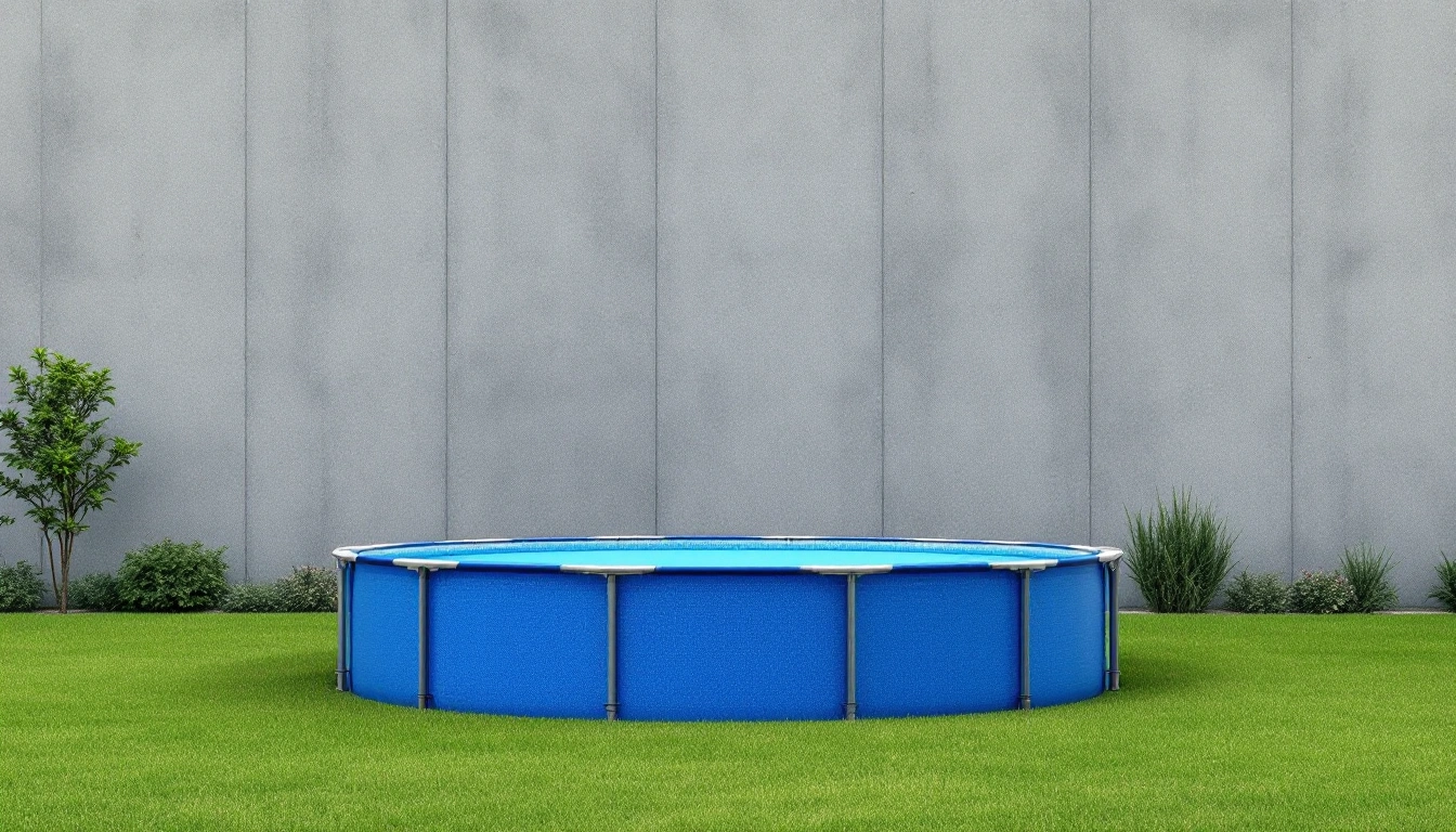 Round frame-supported above-ground pool on a lawn
