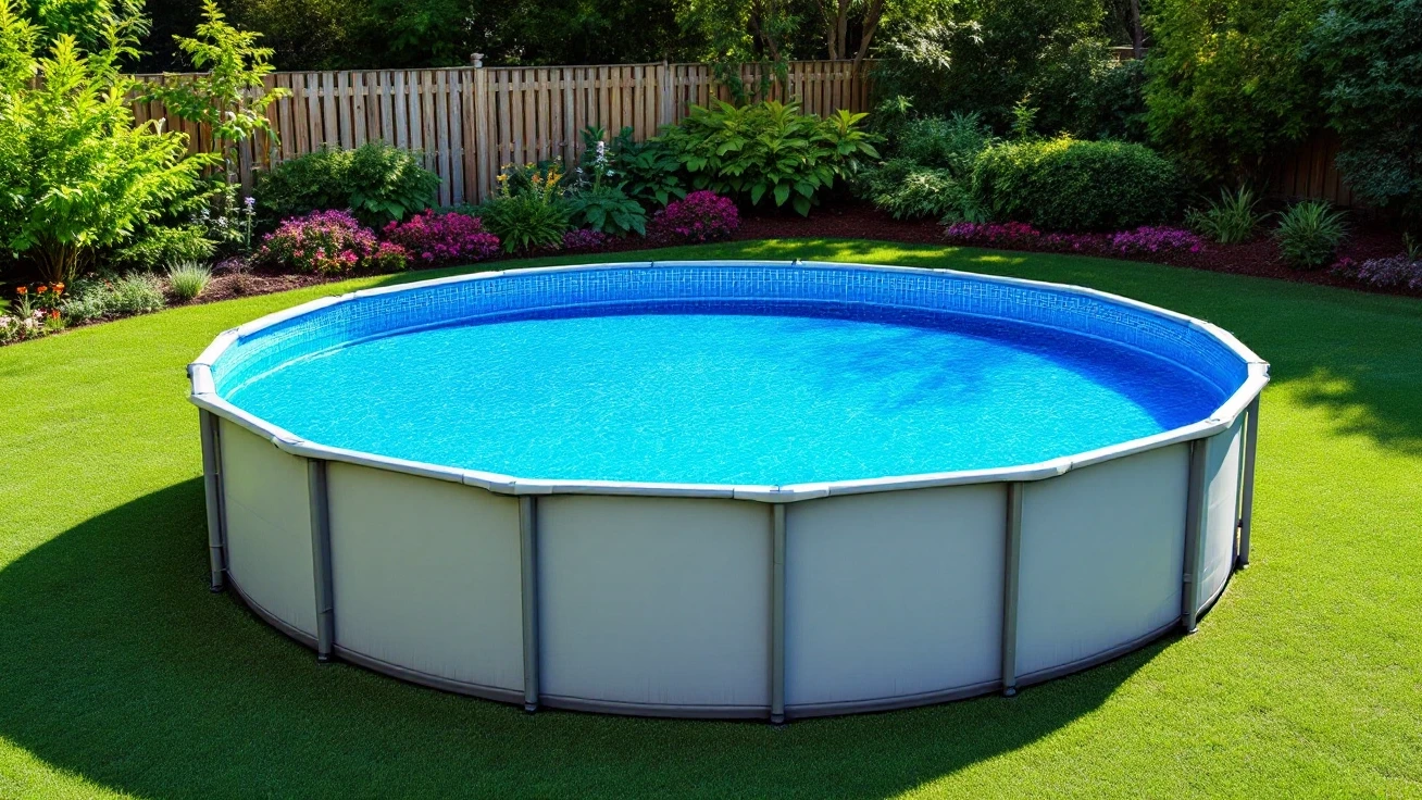 An above-ground swimming pool in a green backyard