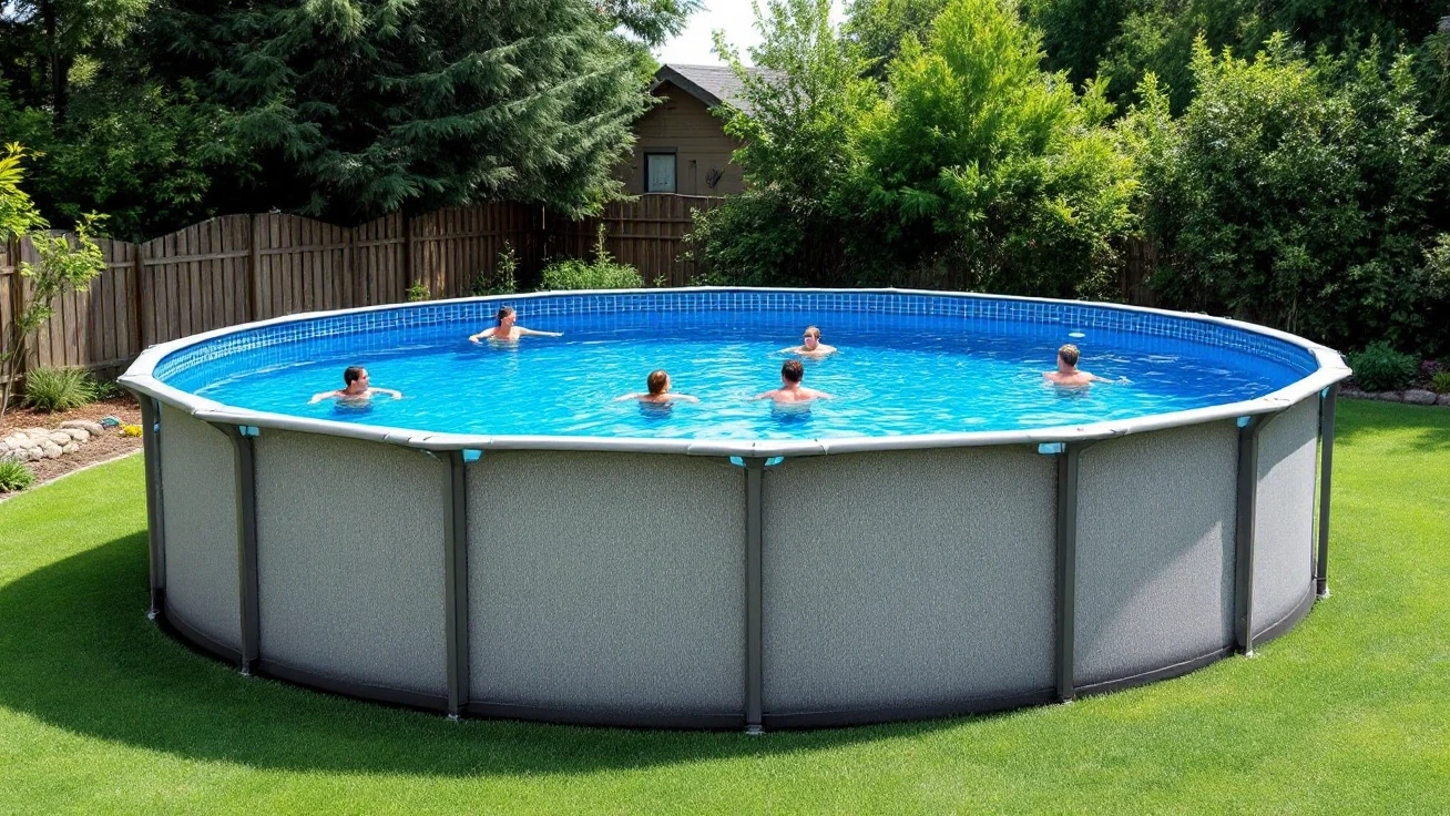 An above-ground swimming pool in a quiet backyard