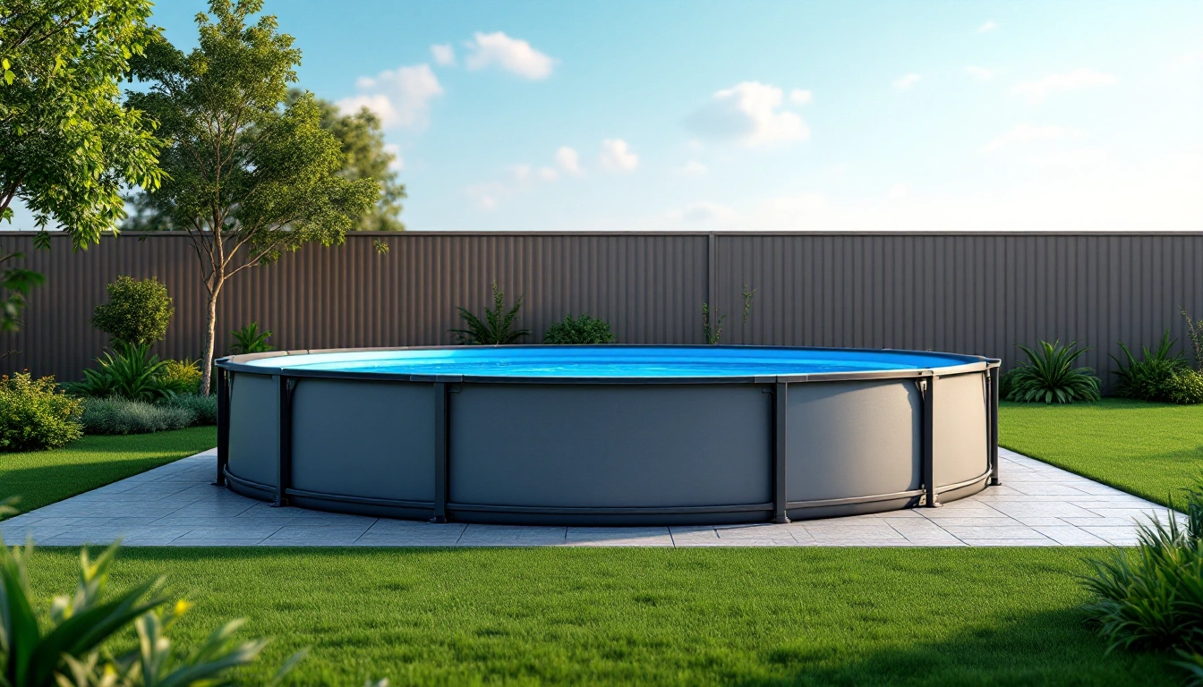 Oval above-ground pool on a lawn