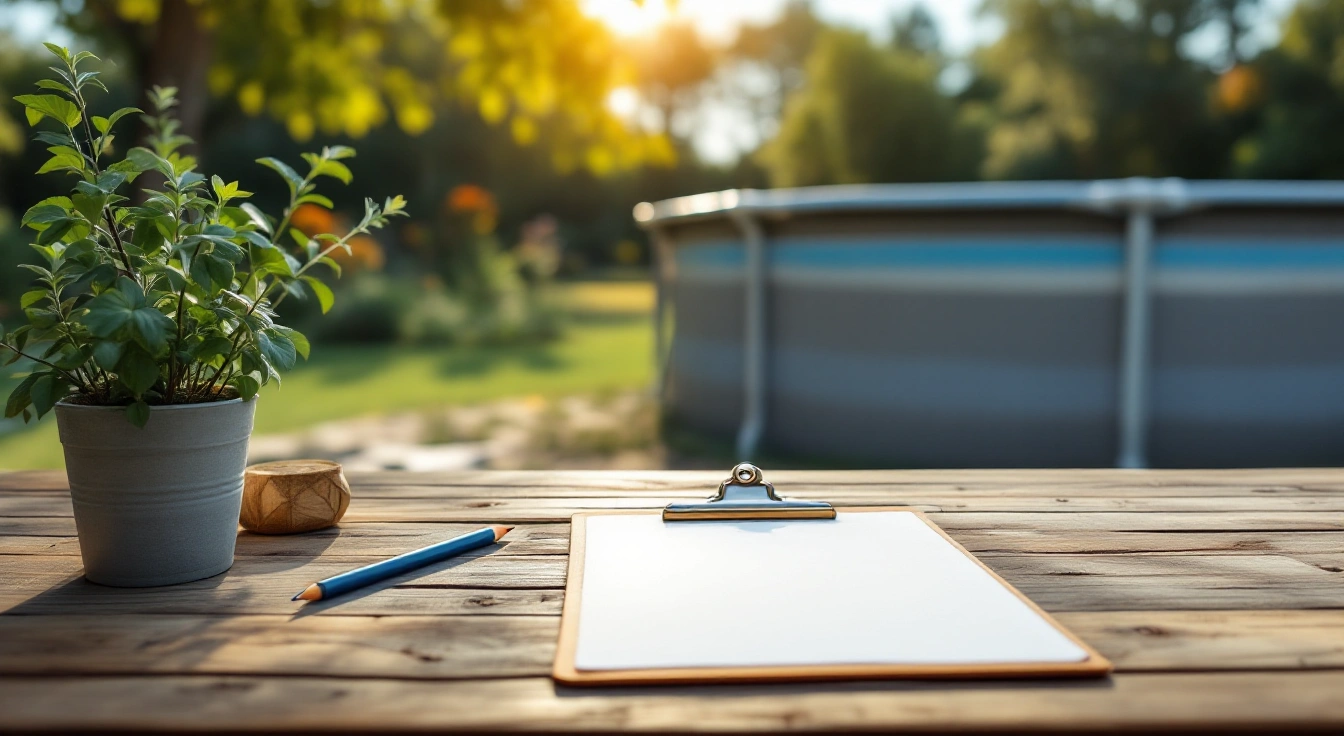 Blank clipboard on a poolside work surface