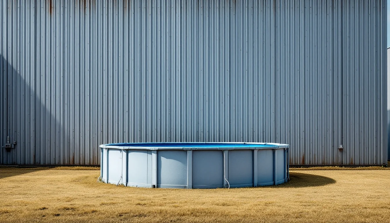 Dry equipment area beside an above-ground pool wall