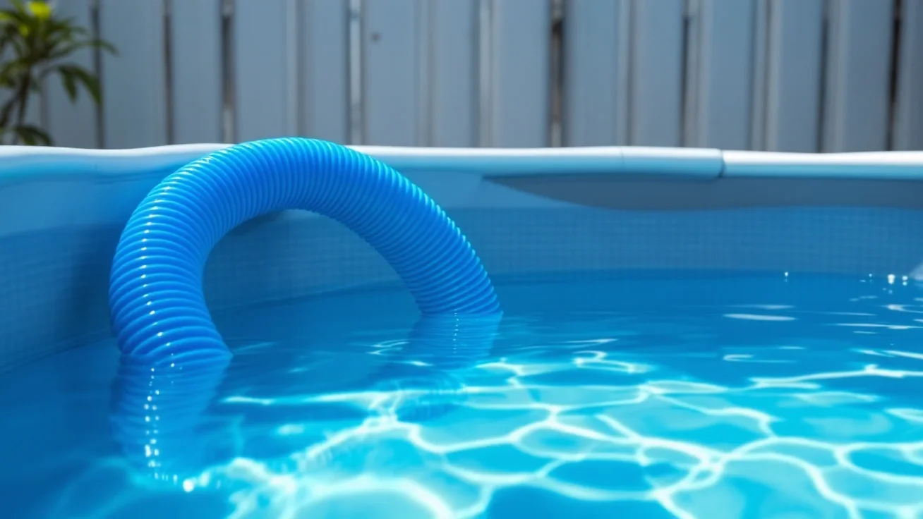 Blue vacuum hose on water inside an above-ground pool