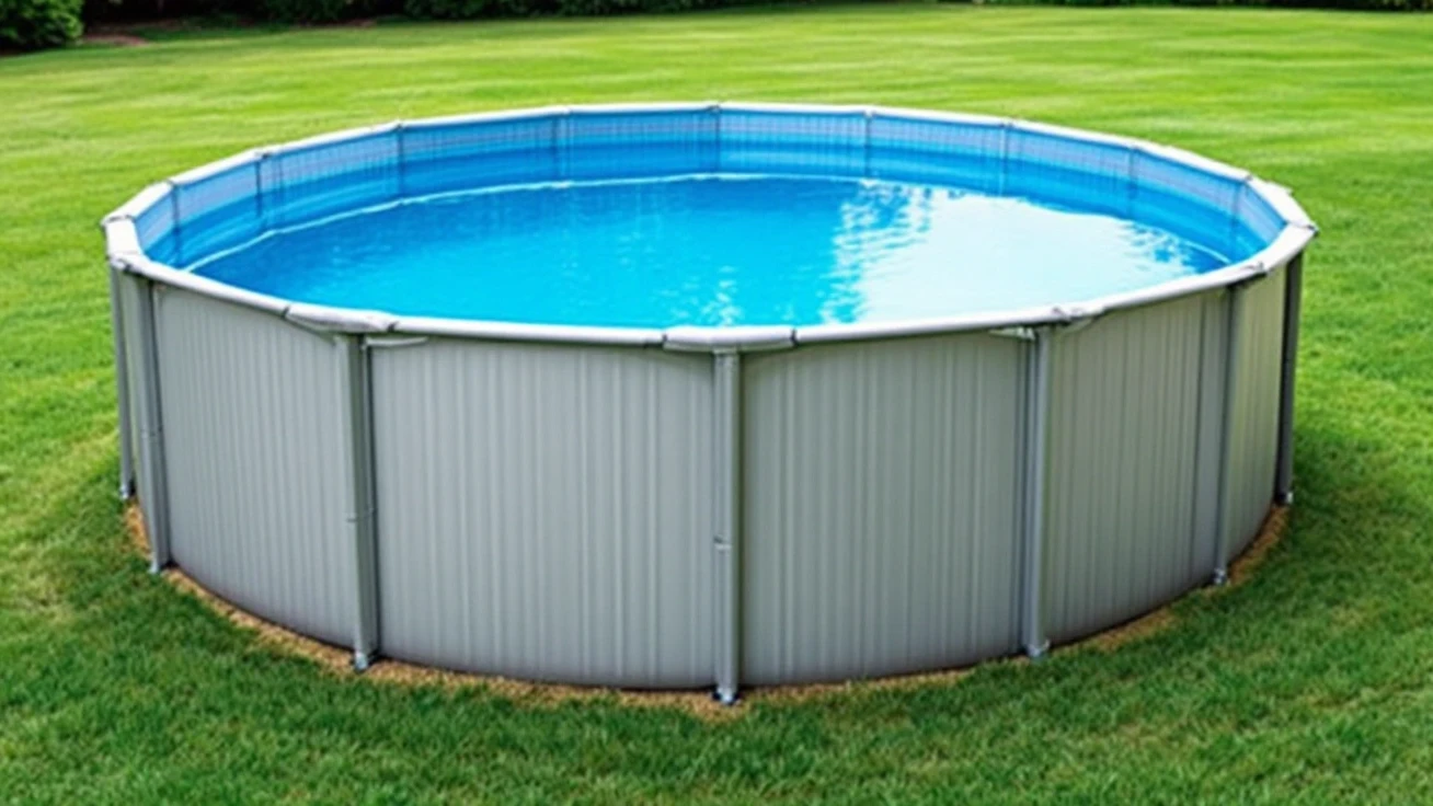 An above-ground swimming pool in a quiet backyard