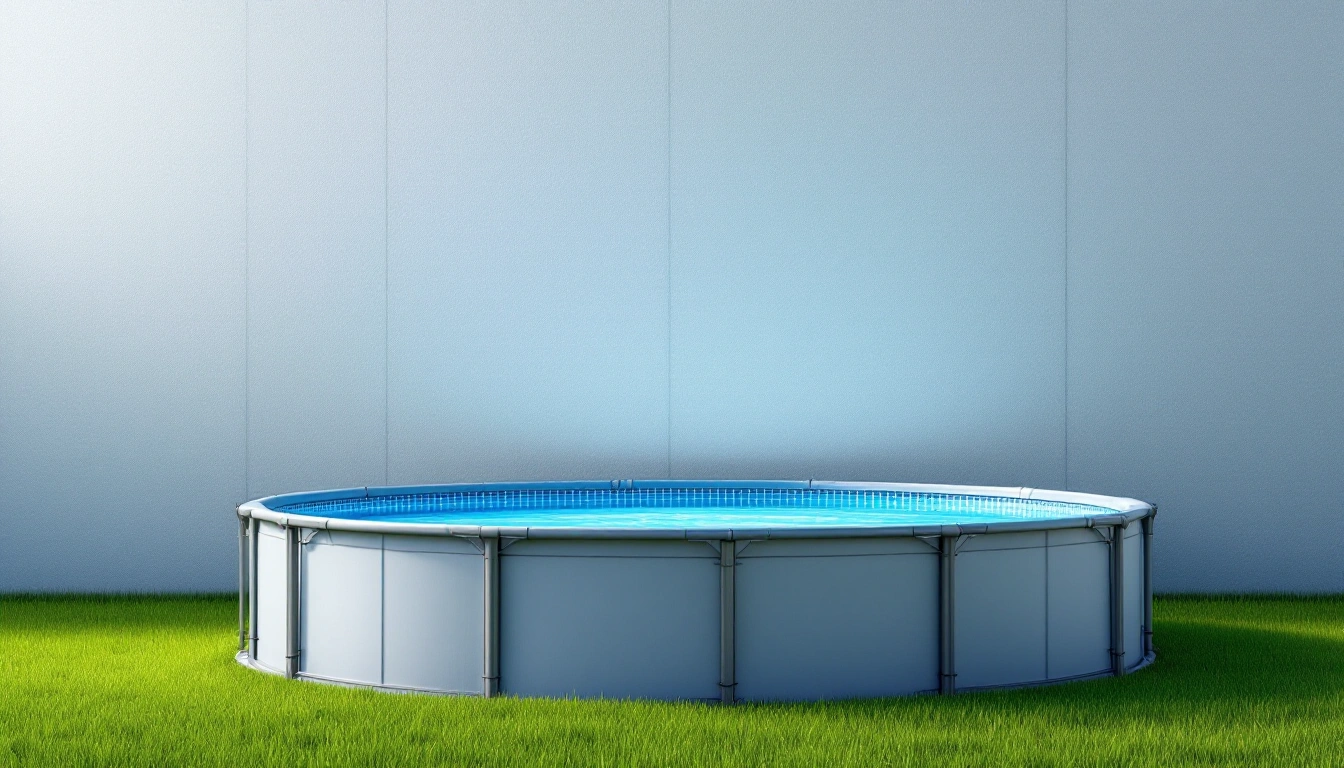 Above-ground pool with blue water and empty poolside grass